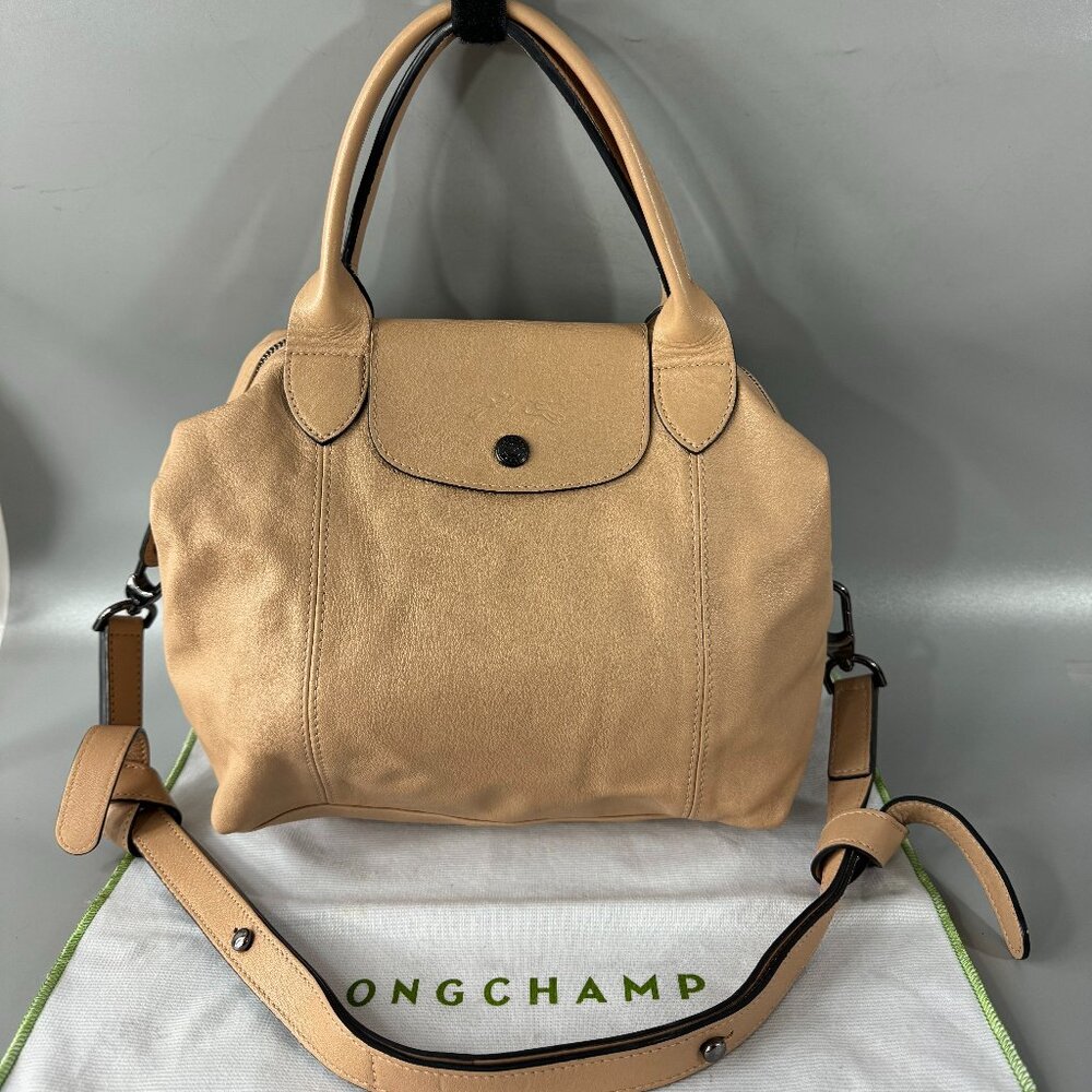 Longchamp Le Pliage Cuir Leather Shoulder Bag in Gold Beige